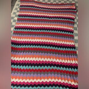VTG Crochet Afghan Multi Color Hippie Boho Stripe Funky Large Blanket Chevron